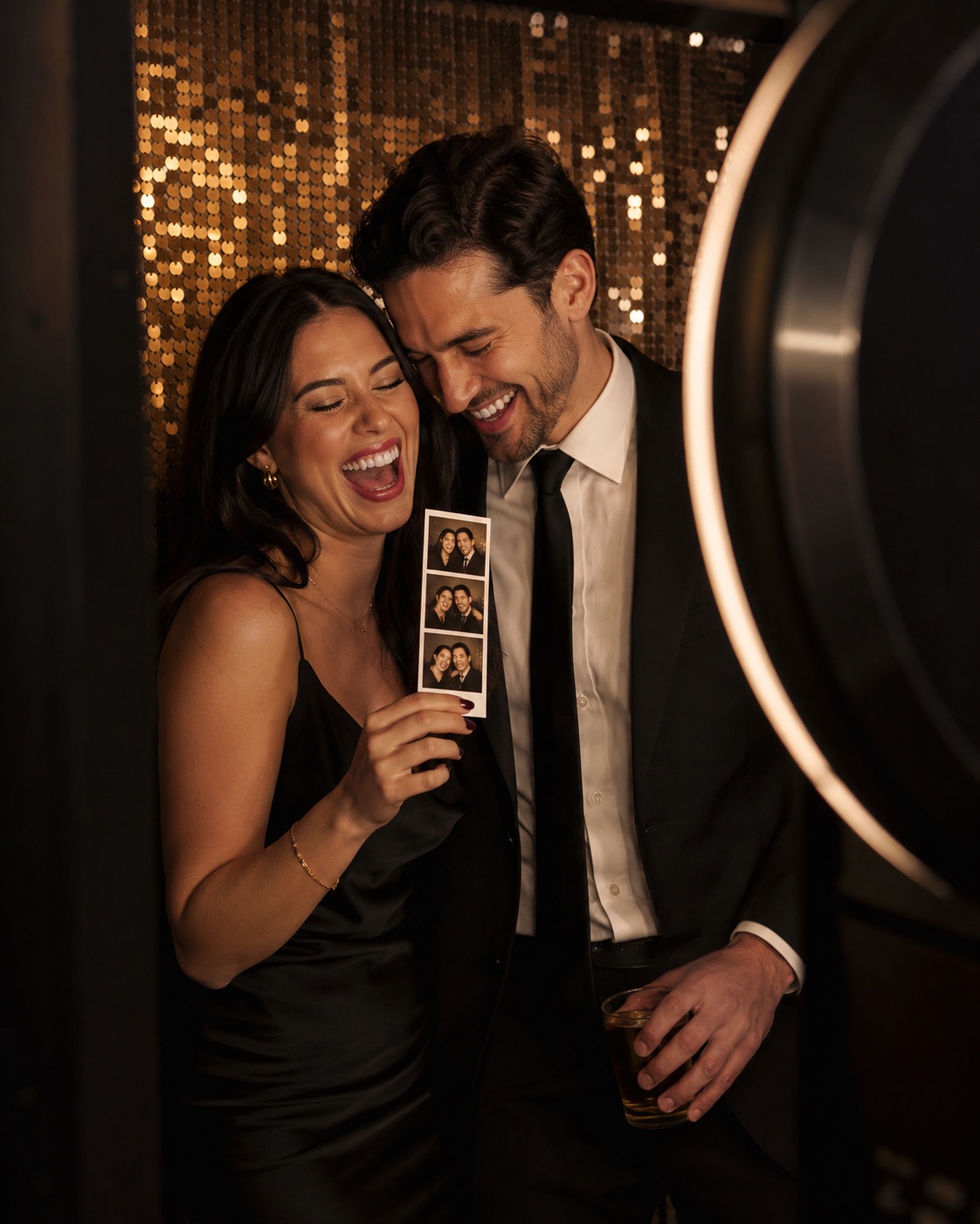 A couple laughing together in the photo booth