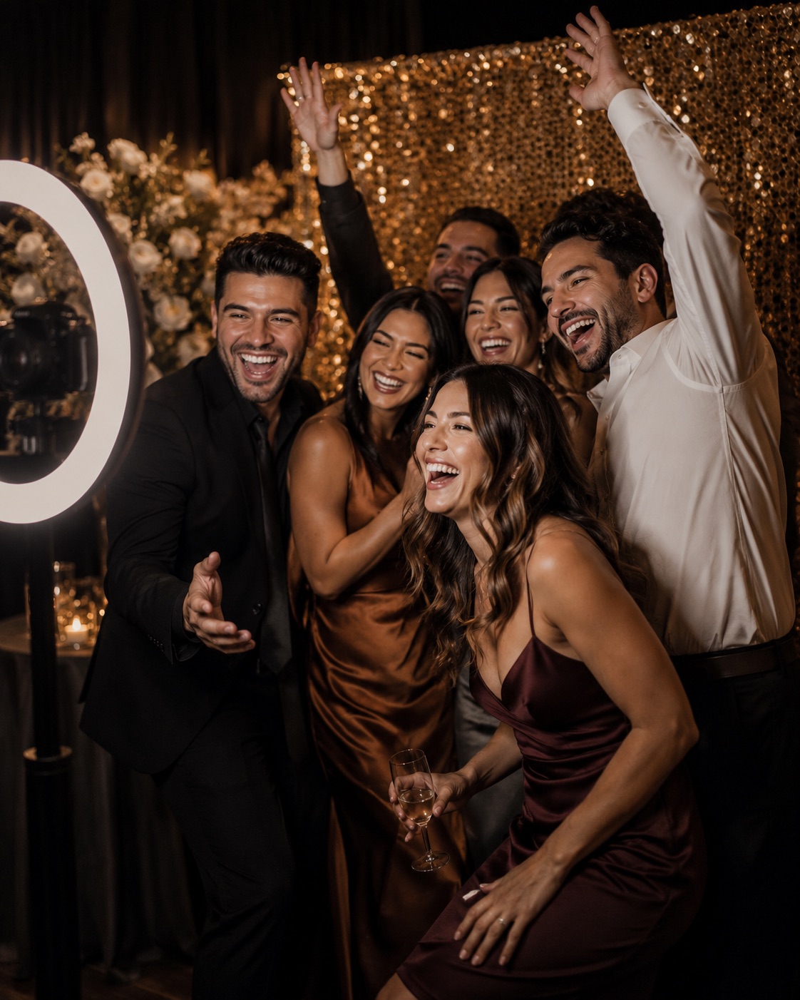 Wedding guests piling into the open-air booth