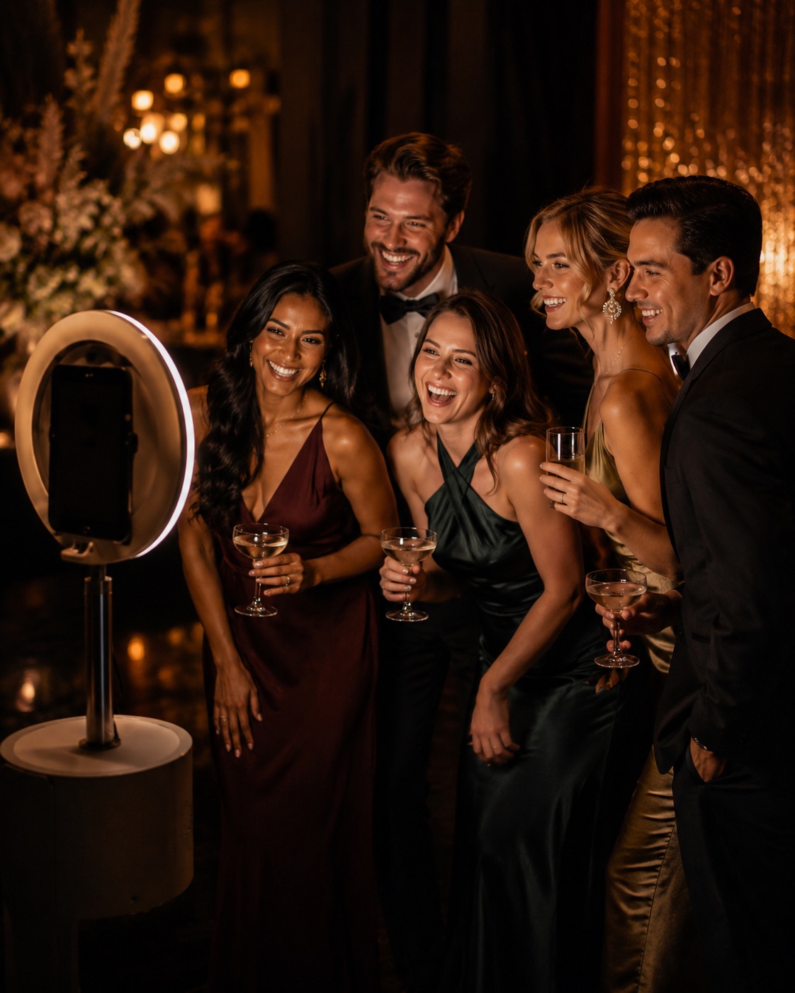 Guests at a gala dinner photo booth