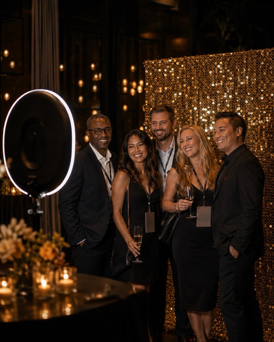 Attendees at a conference photo booth