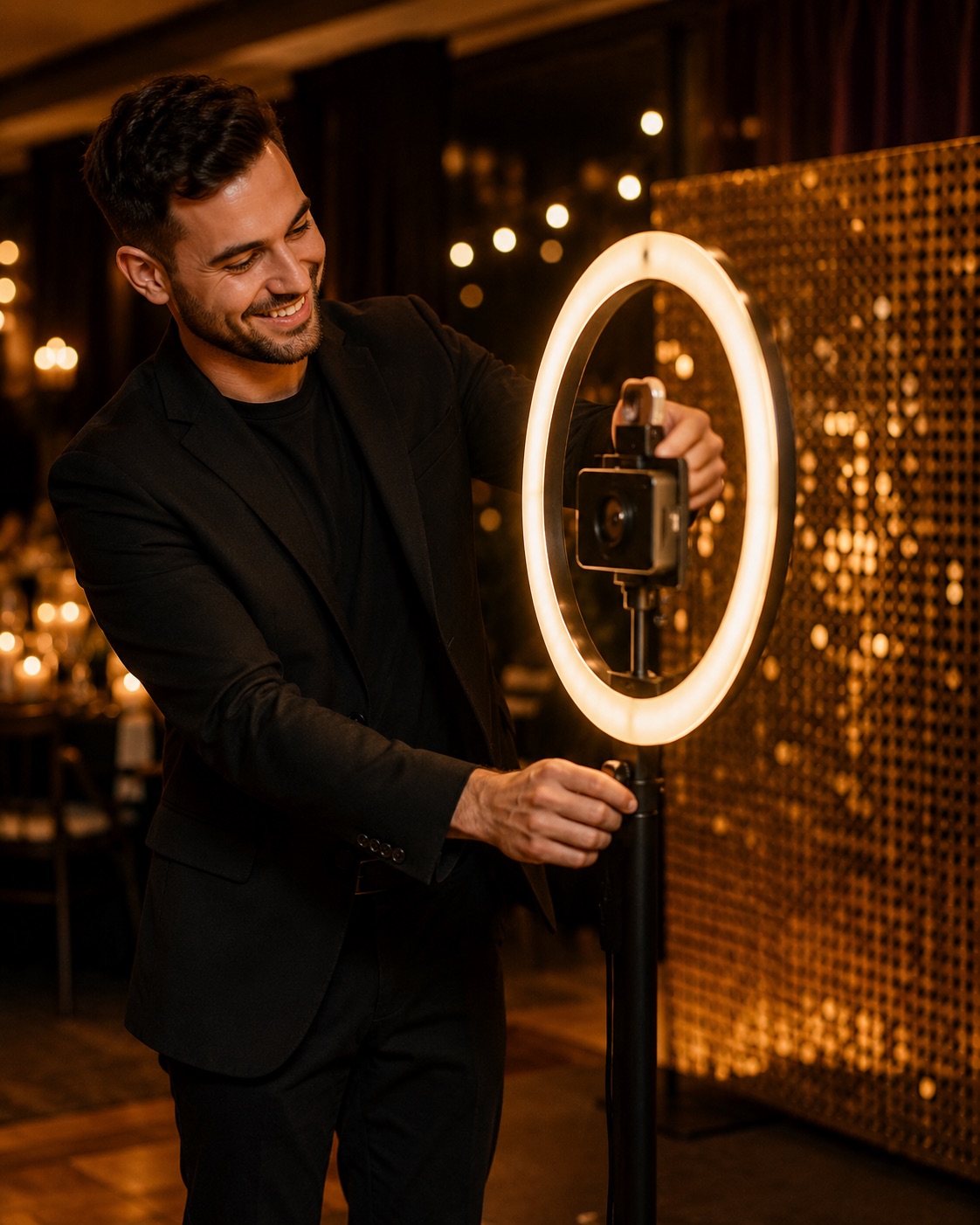 An attendant setting up the photo booth